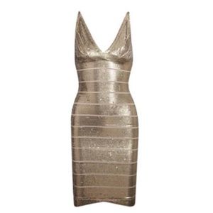 Herve Leger Gold Sequin Bodycon V Neck Mini Dress Antique Gold Brass